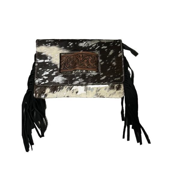 American Darling Clutch Hand Tooled Hair-On Genuine Leather Women Acid NWT Fring - Picture 1 of 6